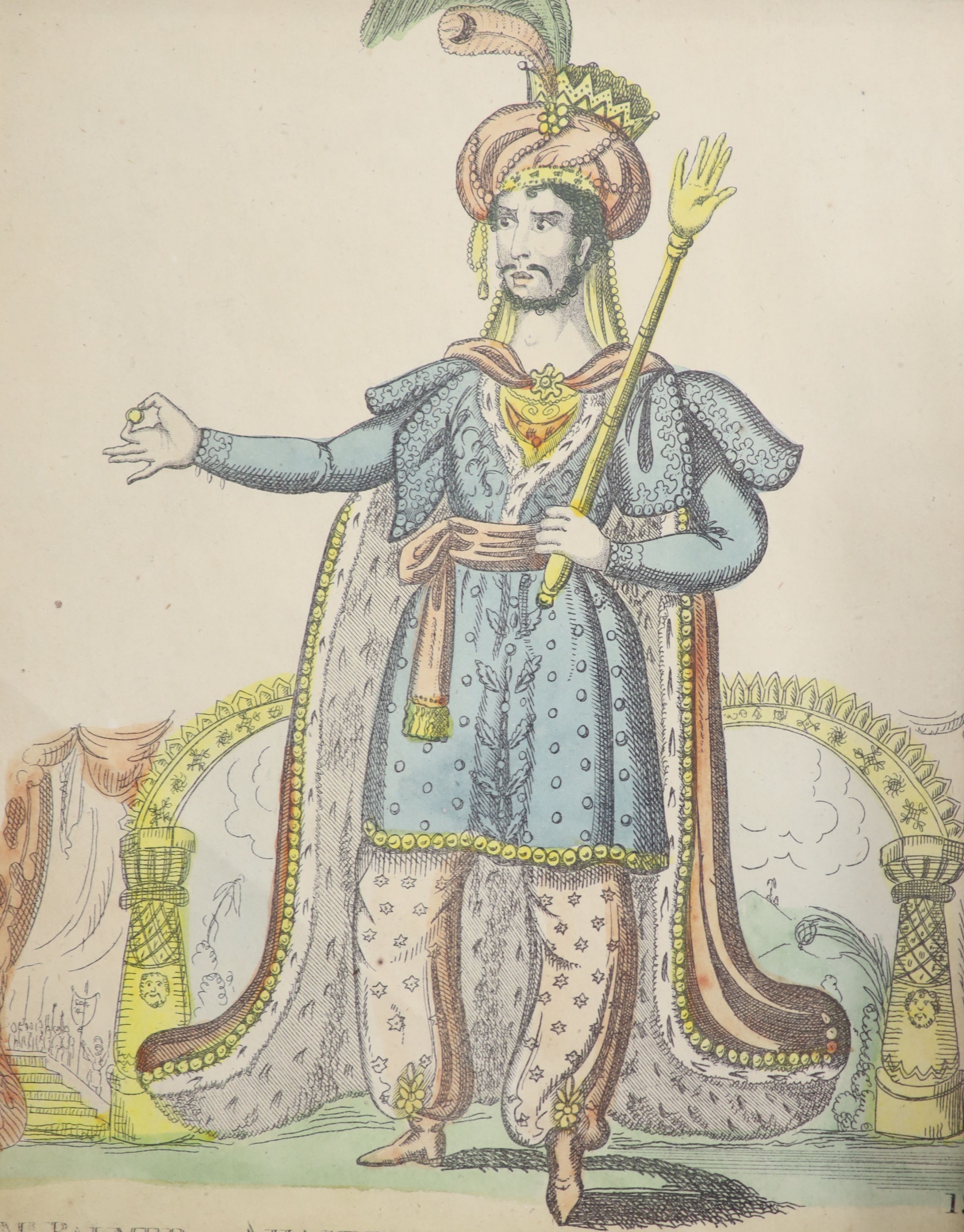 J. Redington Publ., a set of five hand coloured engravings, Studies of Shakesperian actors, 21 x 17cm and seven assorted prints